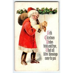 Santa Claus Christmas Postcard Saint Nick Pulling Cord Holiday Wishes Embossed